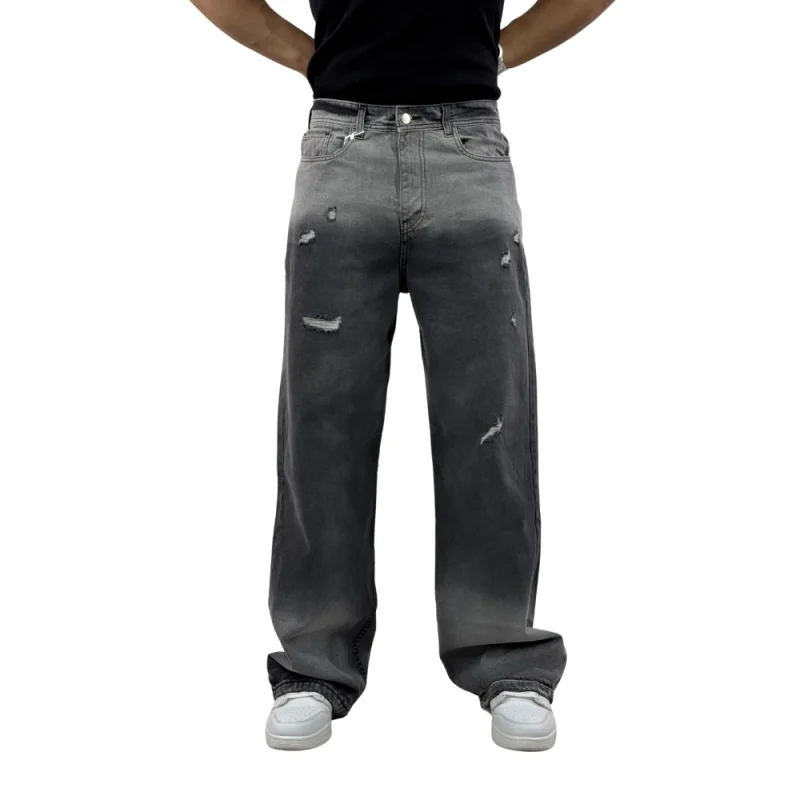 شلوار جین بگ فیت زاپ‌دار ذغالی اومبره مردانه