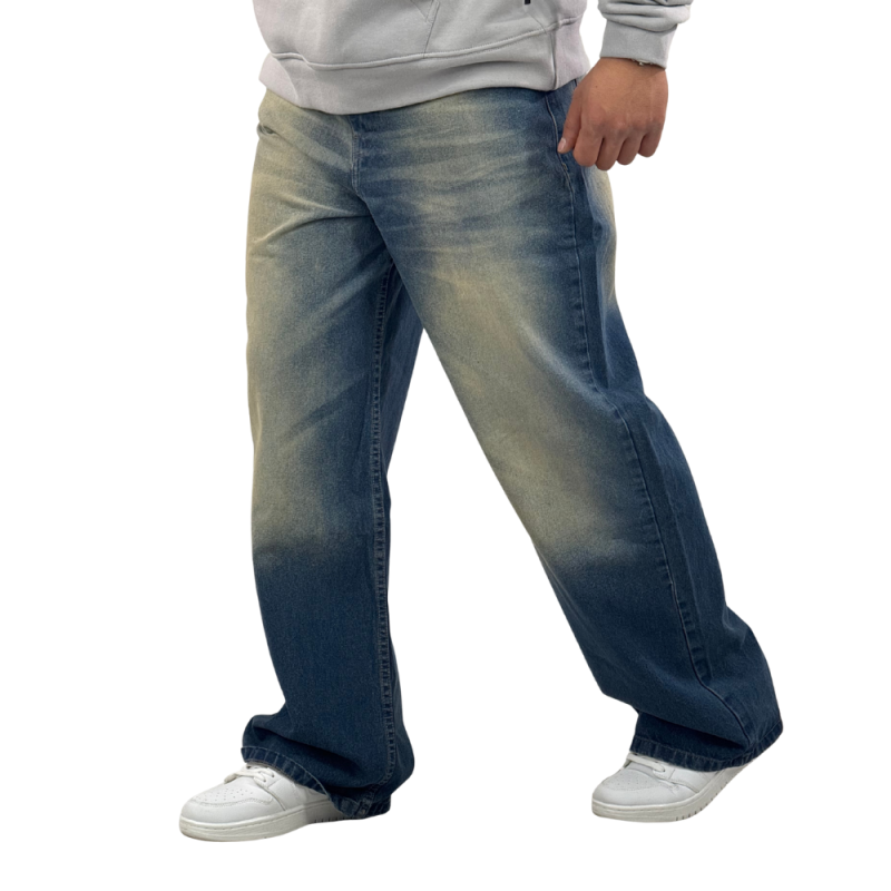شلوار جین بگ فیت وینتیج آبی تیره واش شده مردانه