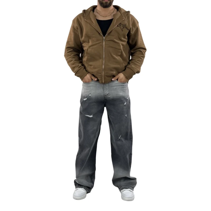 شلوار جین بگ فیت زاپ‌دار ذغالی اومبره مردانه - تصویر 3